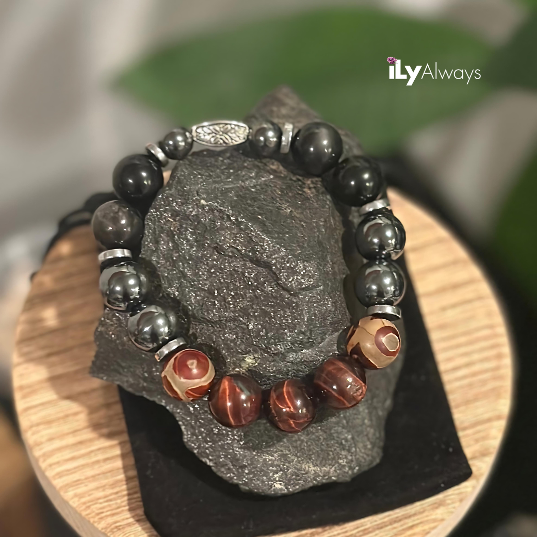 Peace of Mind, Focus & Protection Mixed Gemstone Stretch Bracelet Original - 12mm