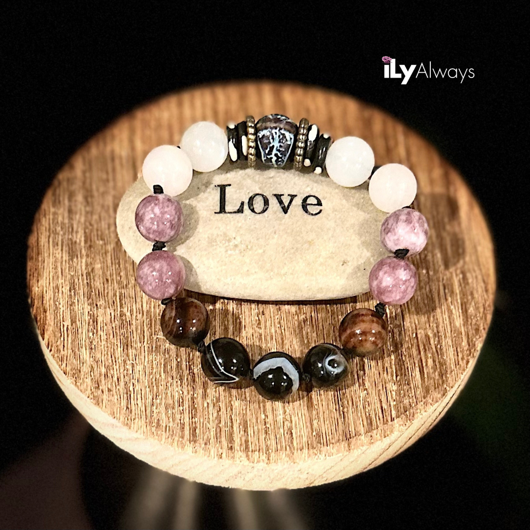 Strength, Courage & Inner Wisdom Mixed Gemstone Knotted Stretch Bracelet Original - 12mm