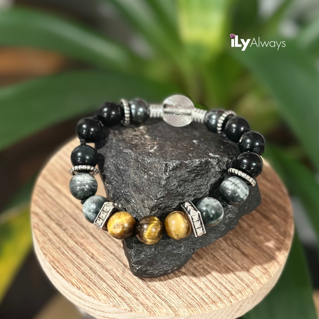 Courage, Willpower & Inner Wisdom Mixed Gemstone Knotted Stretch Bracelet Original - 12mm